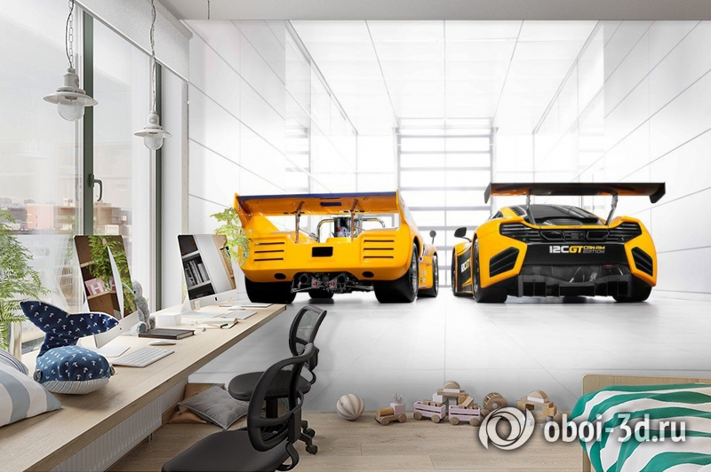 3D Фотообои «Светлый гараж с двумя желтыми спорткарами» вид 8