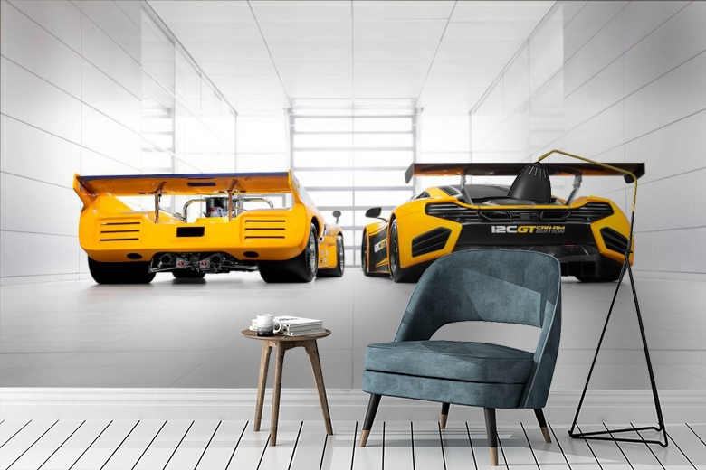 3D Фотообои «Светлый гараж с двумя желтыми спорткарами» вид 3