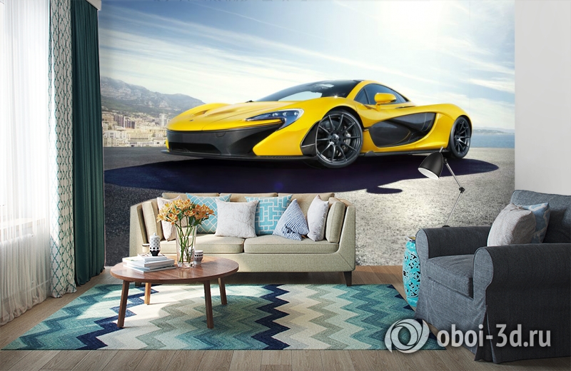 3D Фотообои «Желтый спортивный автомобиль в лучах солнца» вид 11