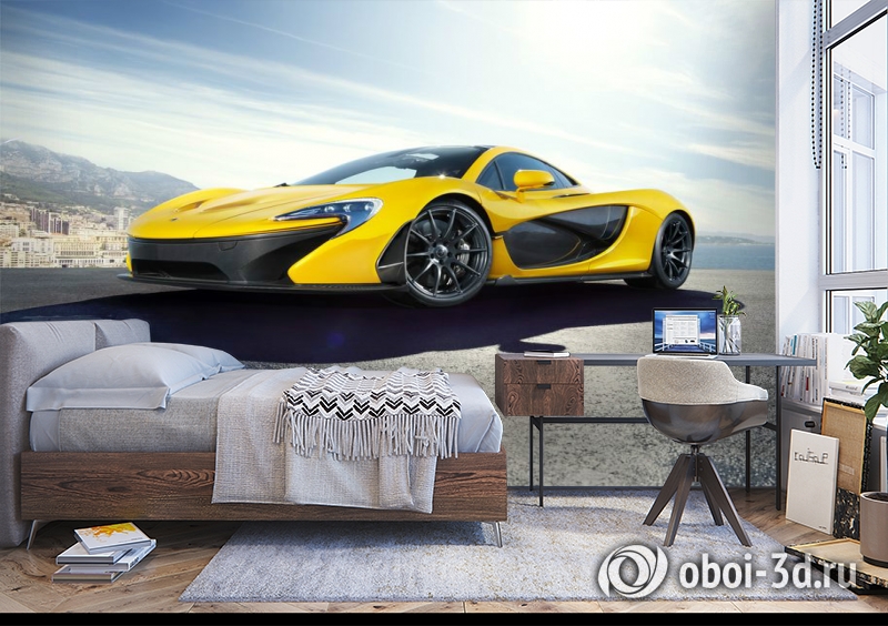 3D Фотообои «Желтый спортивный автомобиль в лучах солнца» вид 10
