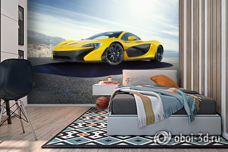 3D Фотообои «Желтый спортивный автомобиль в лучах солнца» вид 7