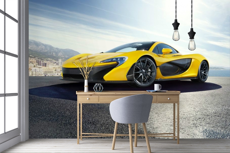 3D Фотообои «Желтый спортивный автомобиль в лучах солнца» вид 5