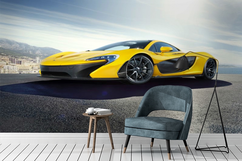 3D Фотообои «Желтый спортивный автомобиль в лучах солнца» вид 3