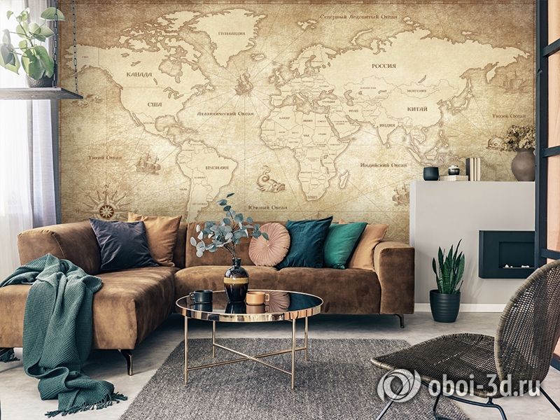 3D Фотообои «Карта мира в винтажном стиле» вид 3