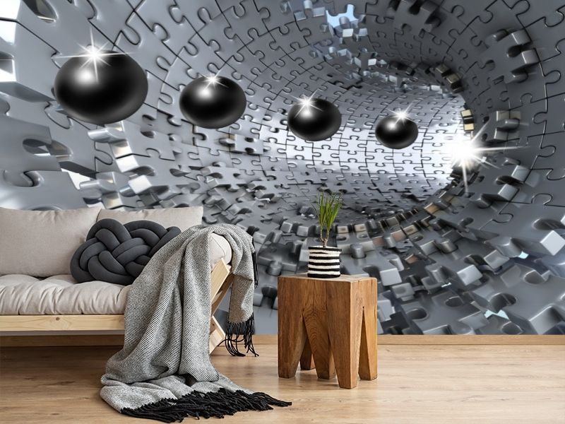 3D Фотообои «Шары в тоннеле из пазла в холодных тонах» вид 2