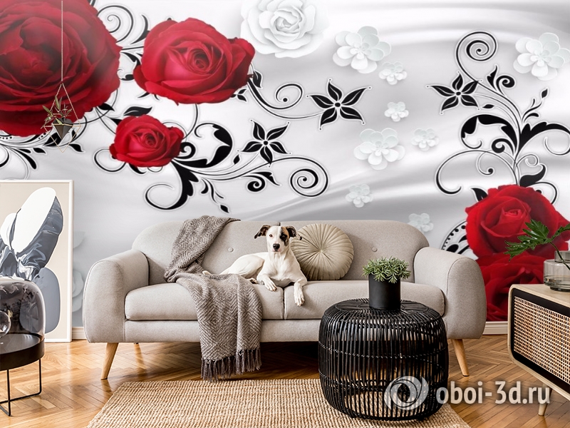 3D Фотообои «Алые розы на сером фоне» вид 5