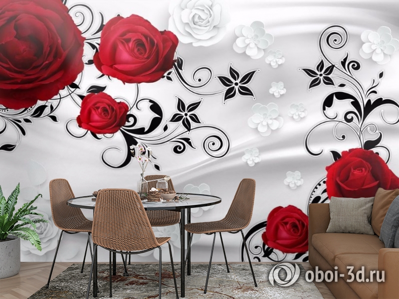 3D Фотообои «Алые розы на сером фоне» вид 3
