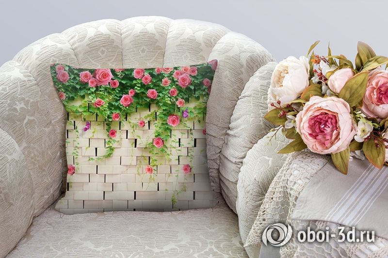 3D Подушка «Кирпичная стена с цветами»  вид 6