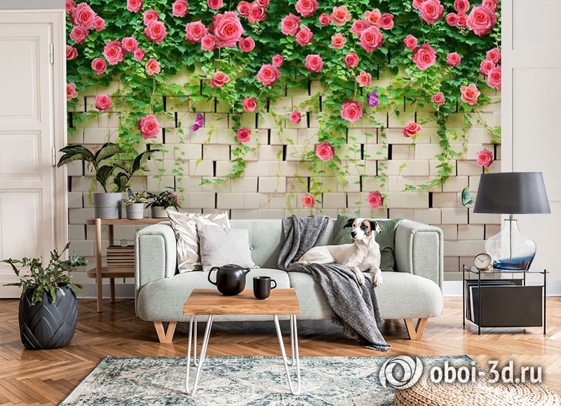 3D Фотообои «Кирпичная стена с цветами» вид 8