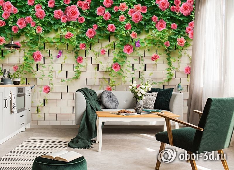 3D Фотообои «Кирпичная стена с цветами» вид 7