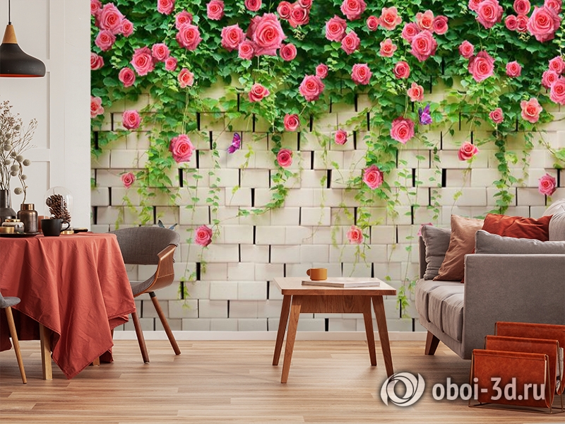 3D Фотообои «Кирпичная стена с цветами» вид 5