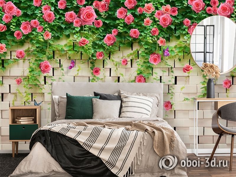 3D Фотообои «Кирпичная стена с цветами» вид 4