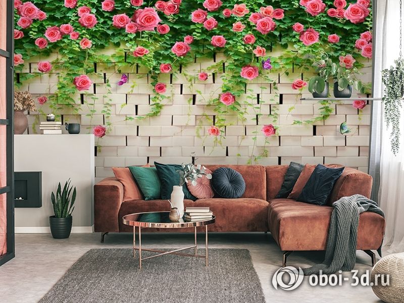 3D Фотообои «Кирпичная стена с цветами» вид 3
