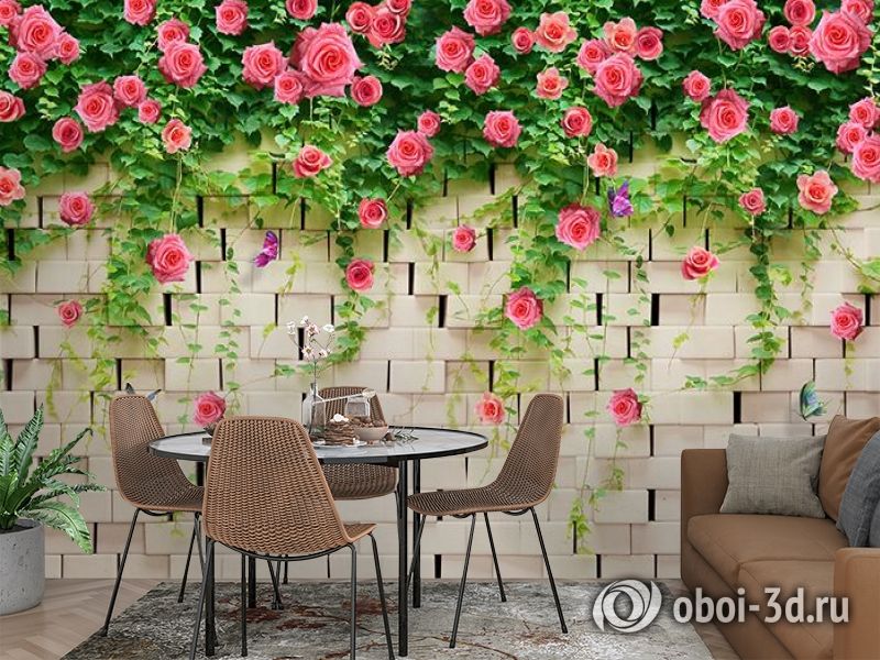 3D Фотообои «Кирпичная стена с цветами» вид 2