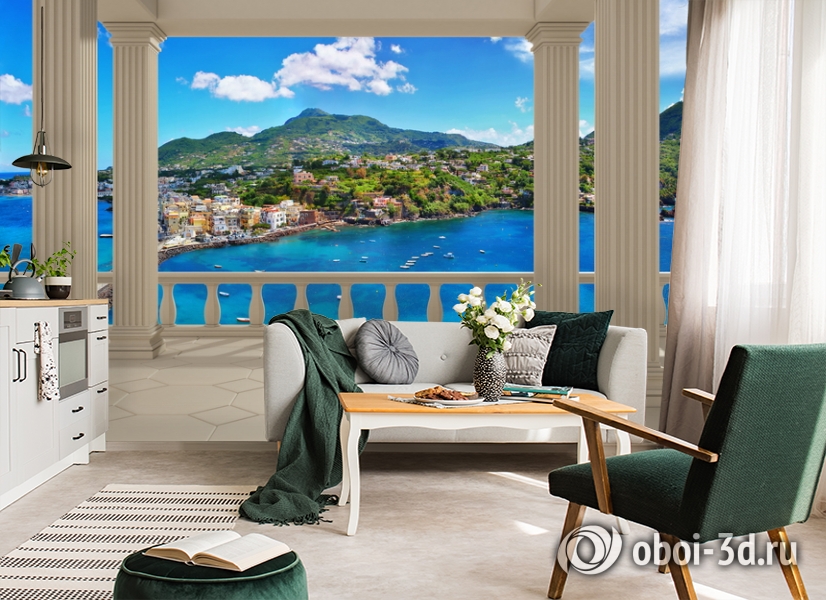 3D Фотообои  «Балкон с колоннами средиземноморский пейзаж»  вид 4