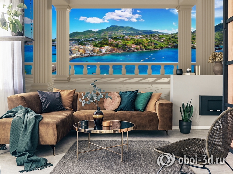3D Фотообои  «Балкон с колоннами средиземноморский пейзаж»  вид 2