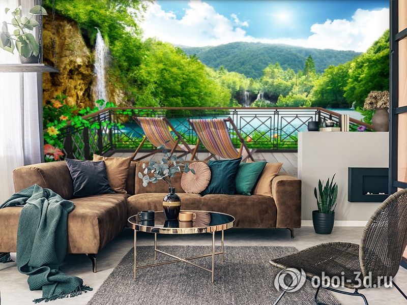 3D Фотообои  «Балкон в долине водопадов»  вид 2