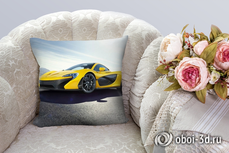3D Подушка «Желтый спортивный автомобиль в лучах солнца» вид 4