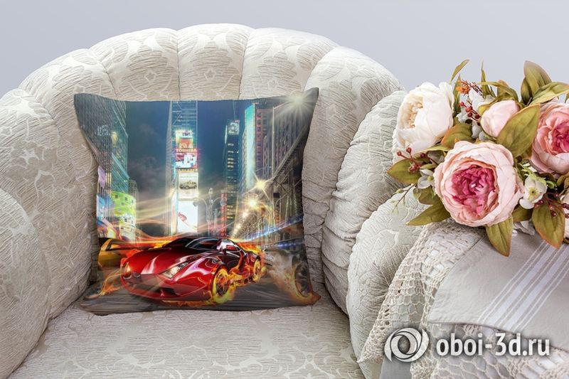 3D Подушка «Тачки с пылающими колесами на фоне Таймс Сквер» вид 4