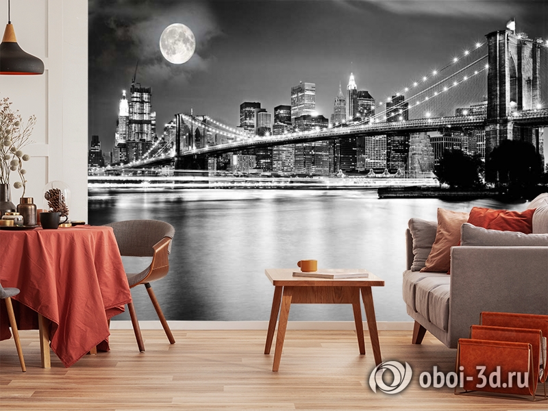 3D Фотообои  «Черно-белая инсталляция с полной луной над Бруклинским мостом»  вид 10