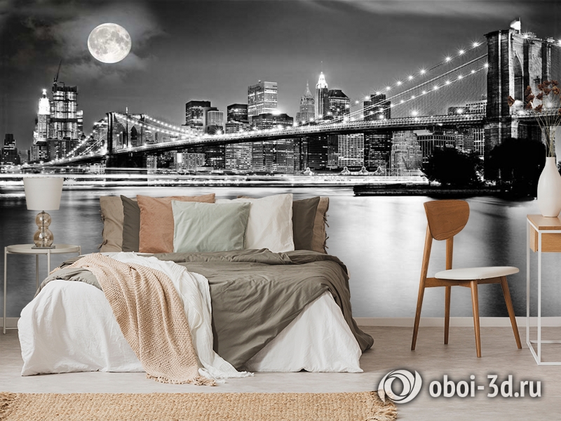 3D Фотообои  «Черно-белая инсталляция с полной луной над Бруклинским мостом»  вид 6