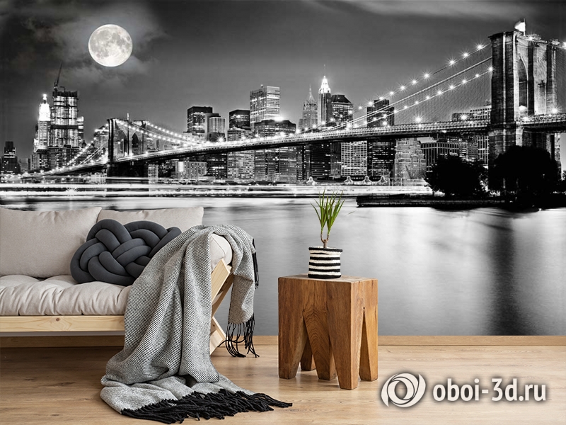 3D Фотообои  «Черно-белая инсталляция с полной луной над Бруклинским мостом»  вид 5