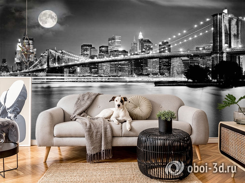 3D Фотообои  «Черно-белая инсталляция с полной луной над Бруклинским мостом»  вид 4
