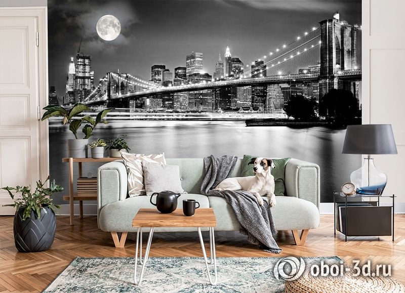 3D Фотообои  «Черно-белая инсталляция с полной луной над Бруклинским мостом»  вид 3