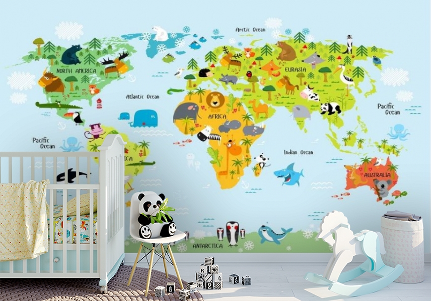 3D Фотообои «Детская карта мира на голубом фоне» вид 6