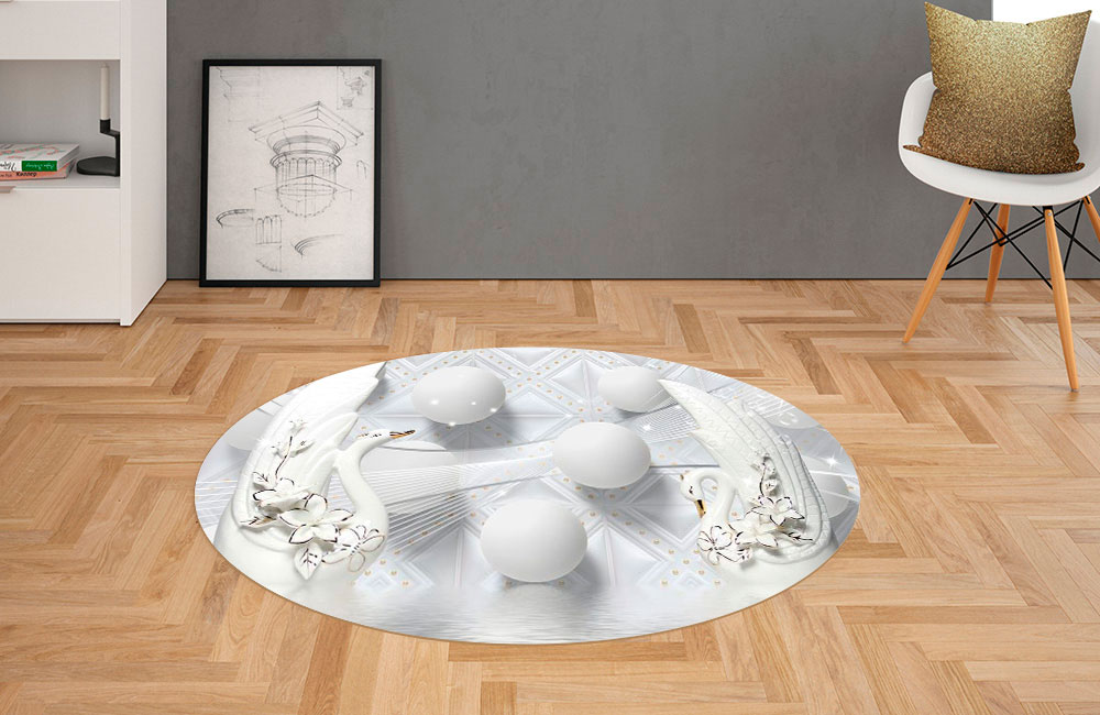 3D Ковер «Керамические лебеди с белыми шарами» Овальный 2