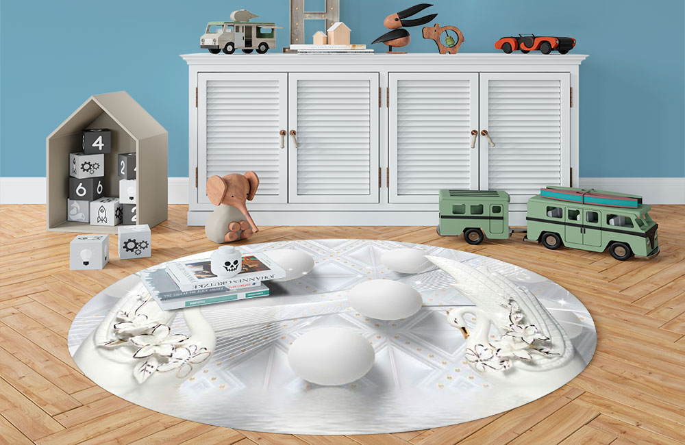 3D Ковер «Керамические лебеди с белыми шарами» Овальный 3