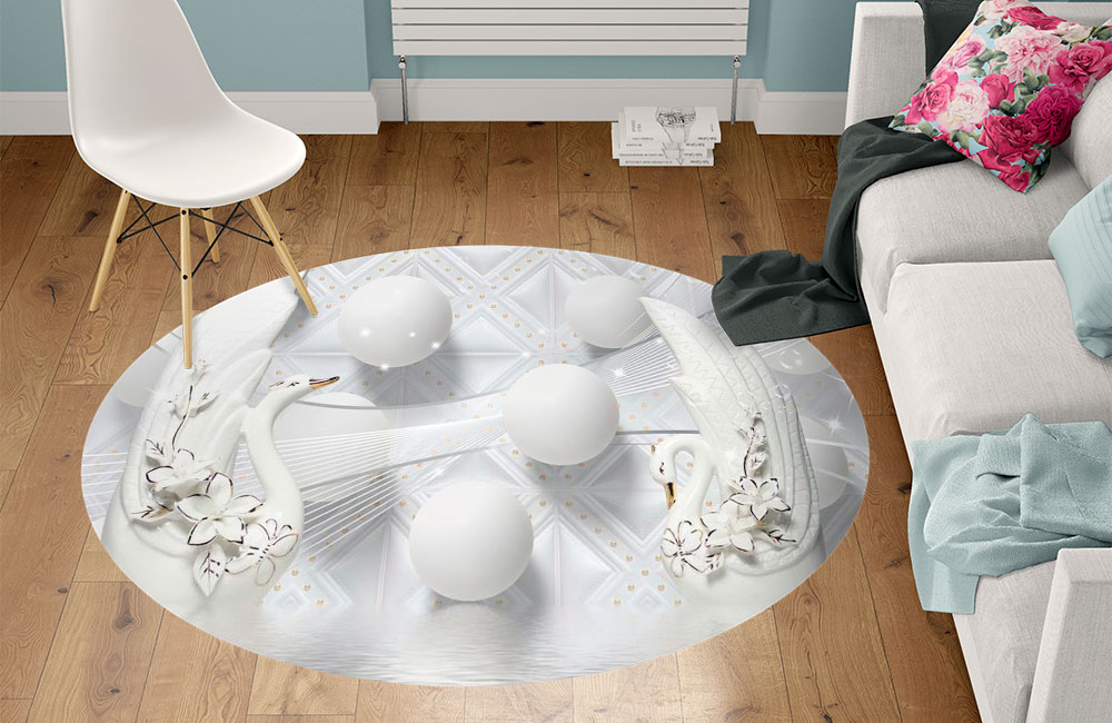 3D Ковер «Керамические лебеди с белыми шарами» Круглый 1