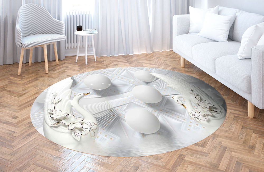 3D Ковер «Керамические лебеди с белыми шарами» Круглый 3