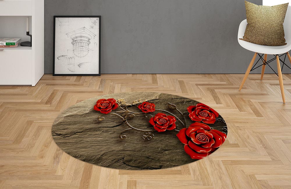 3D Ковер «Красные розы на камне»  Овальный 2
