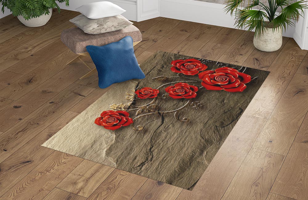 3D Ковер «Красные розы на камне»  Прямоугольный 4