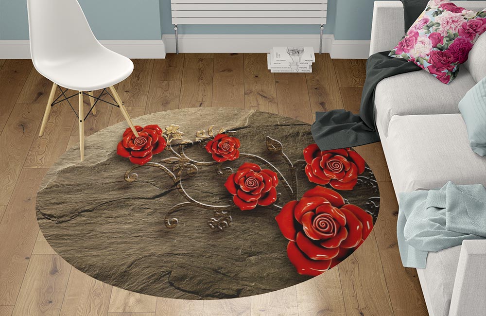 3D Ковер «Красные розы на камне»  Круглый 1