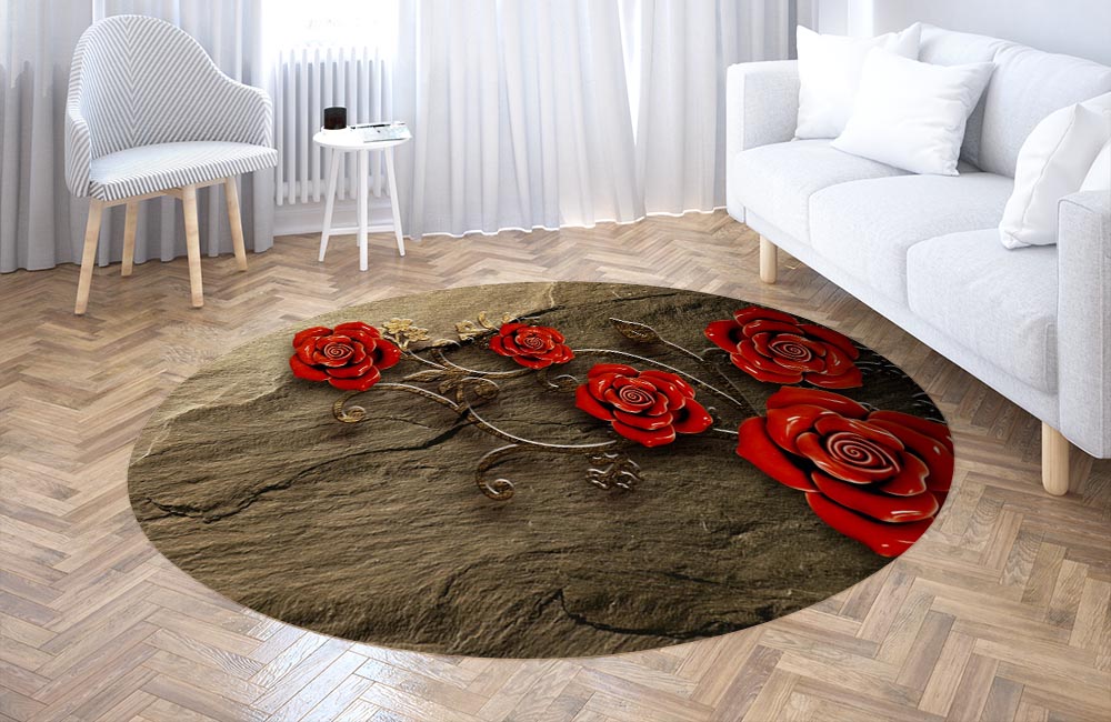 3D Ковер «Красные розы на камне»  Круглый 3