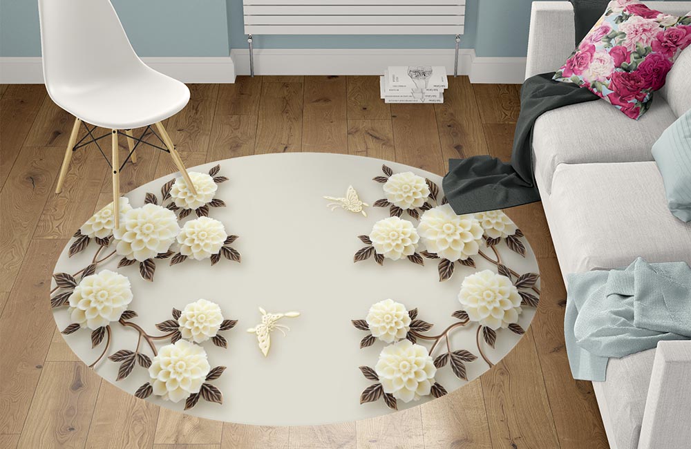 3D Ковер «Бежевые цветы под керамику»  Круглый 1