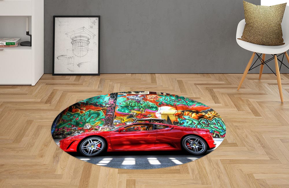 3D Ковер «Красный автомобиль на фоне граффити» Овальный 2