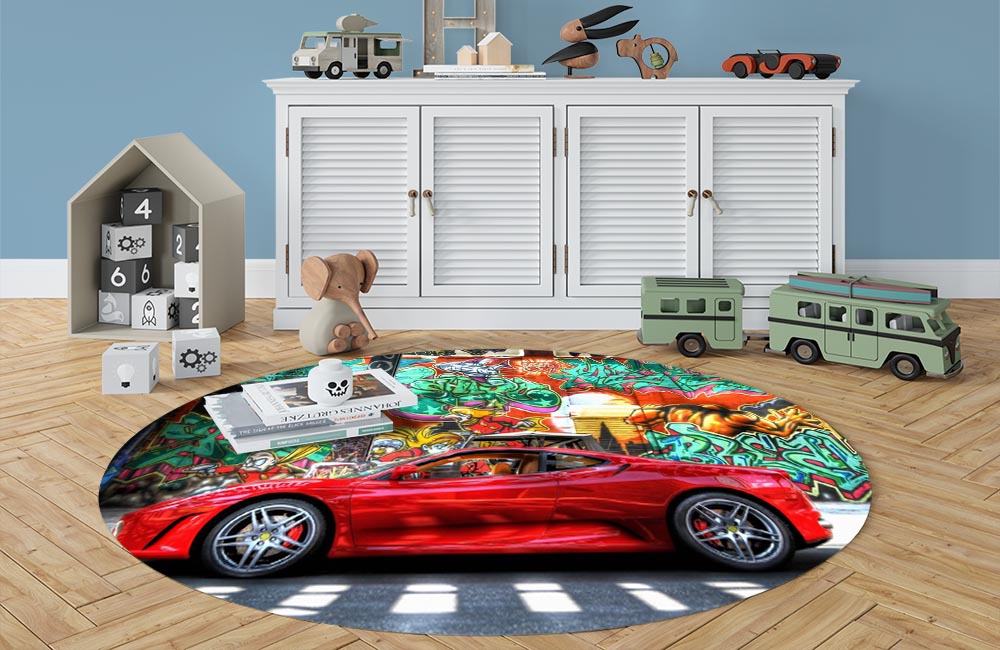 3D Ковер «Красный автомобиль на фоне граффити» Овальный 3