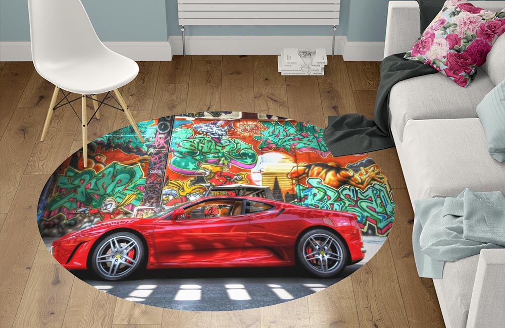 3D Ковер «Красный автомобиль на фоне граффити» Круглый 1