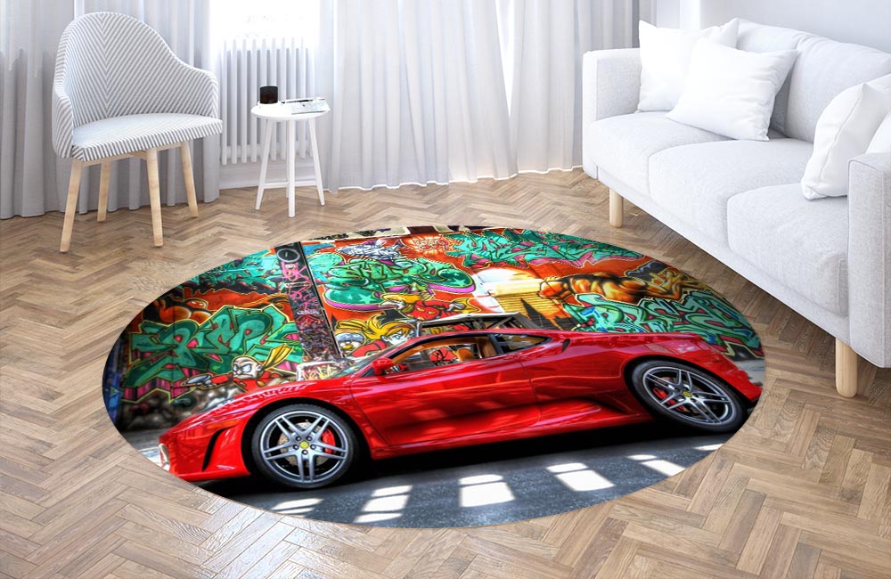 3D Ковер «Красный автомобиль на фоне граффити» Круглый 3