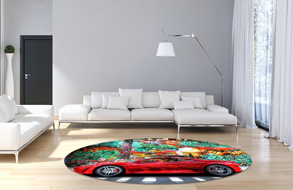 3D Ковер «Красный автомобиль на фоне граффити» Круглый 4