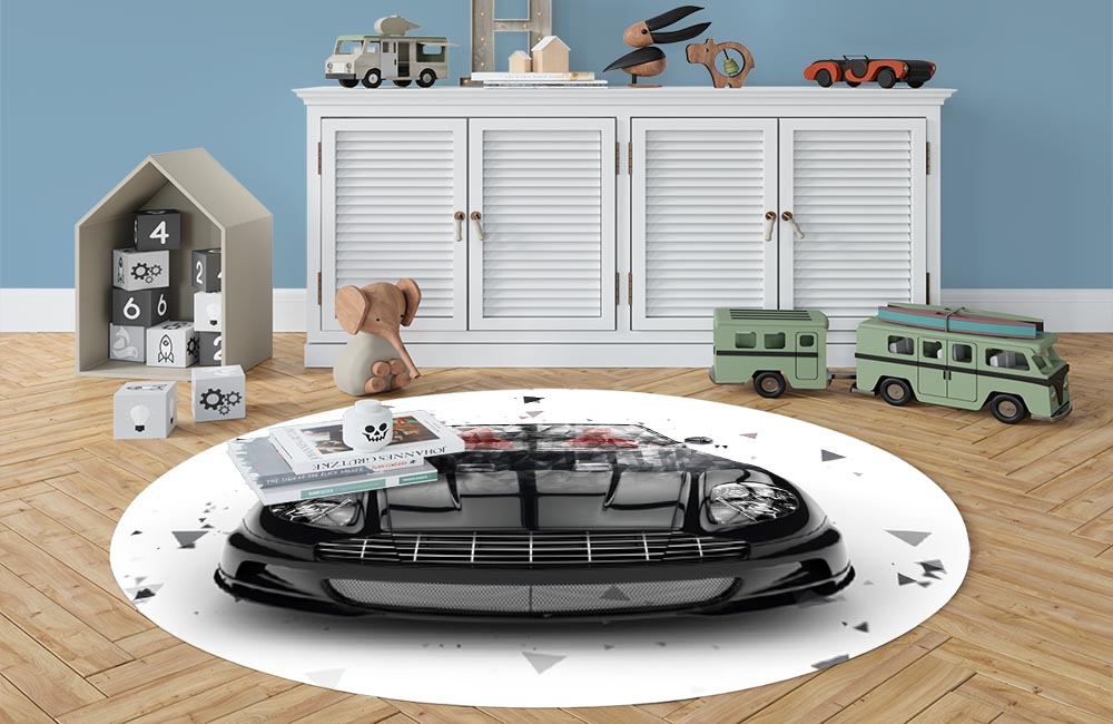 3D Ковер «Роскошный черный автомобиль с полигонами» Овальный 3