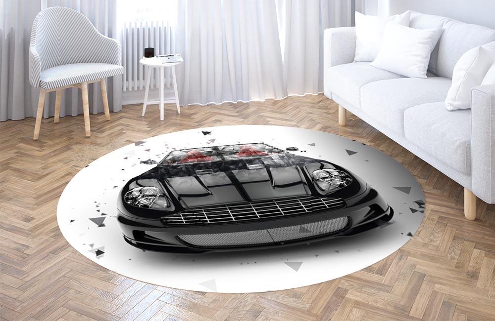 3D Ковер «Роскошный черный автомобиль с полигонами» Круглый 3