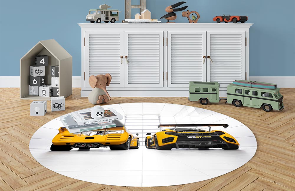3D Ковер «Светлый гараж с двумя желтыми спорткарами» Овальный 3