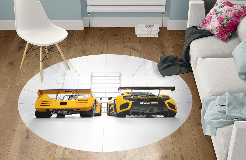 3D Ковер «Светлый гараж с двумя желтыми спорткарами» Круглый 1
