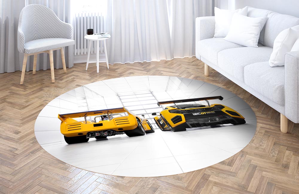 3D Ковер «Светлый гараж с двумя желтыми спорткарами» Круглый 3