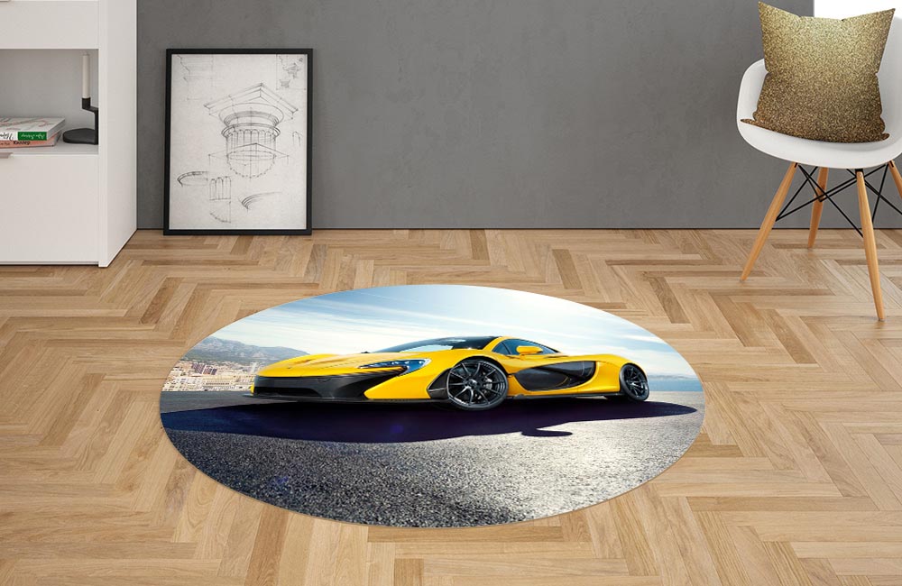 3D Ковер «Желтый спортивный автомобиль в лучах солнца» Овальный 2
