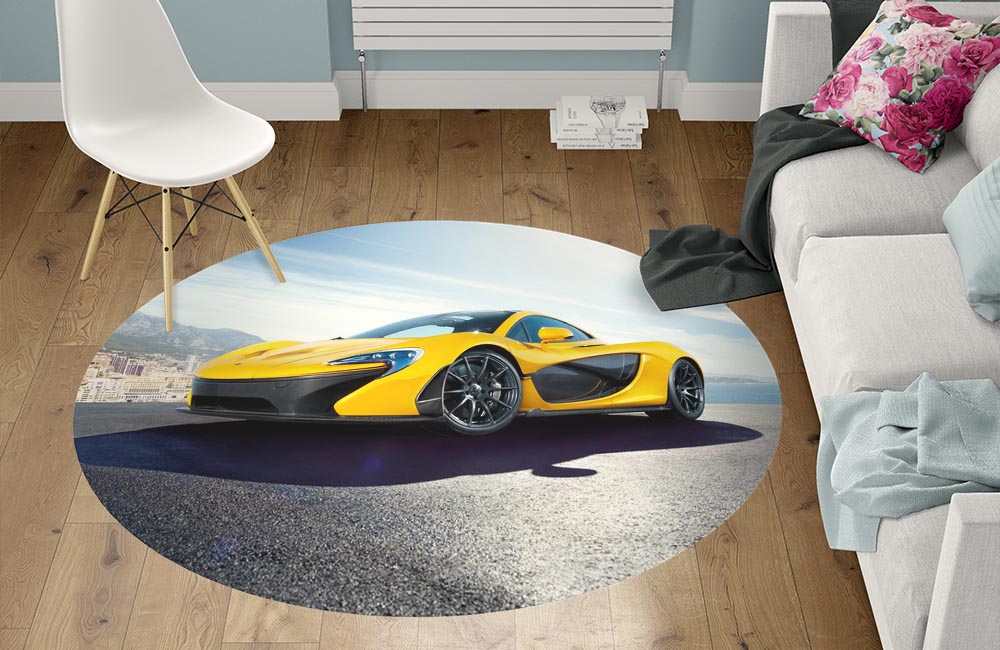 3D Ковер «Желтый спортивный автомобиль в лучах солнца» Круглый 1
